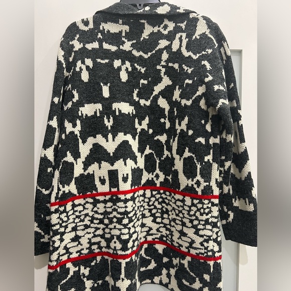Faith And Joy Long Cardigan Sweater Petite Large Gray, White and Red Open Front - Picture 2 of 2